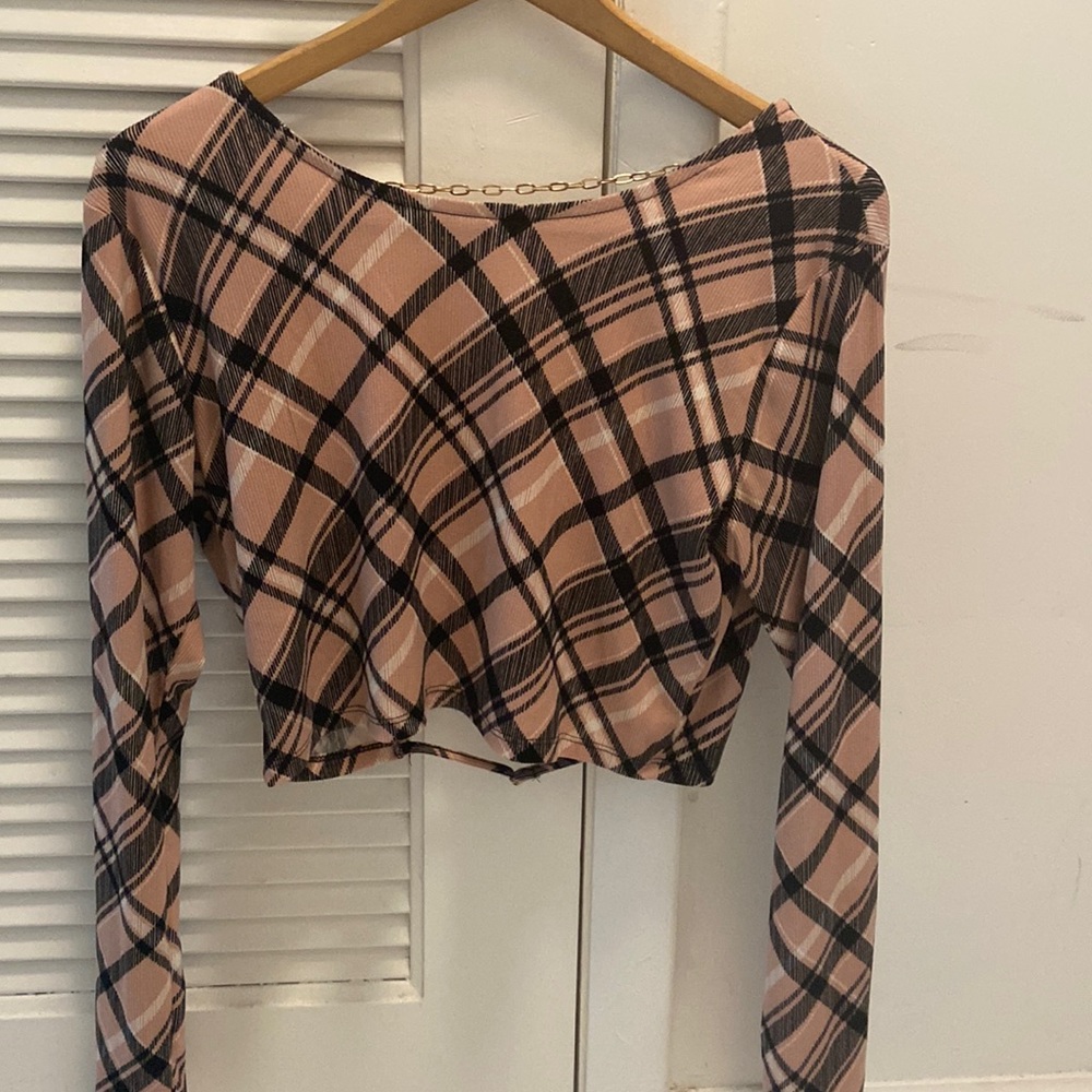 Patterned pink and black “Polly House” crop top with open back